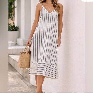 TERZO MILLENNIO WHITE BLUE STRIPED LINEN SHIFT SORING SUMMER SUNDRESS DRESS SZ M